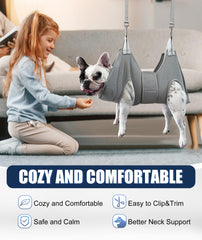 Kkiimatt dog grooming hammock shows upgraded wide-strap design to prevent escapes.