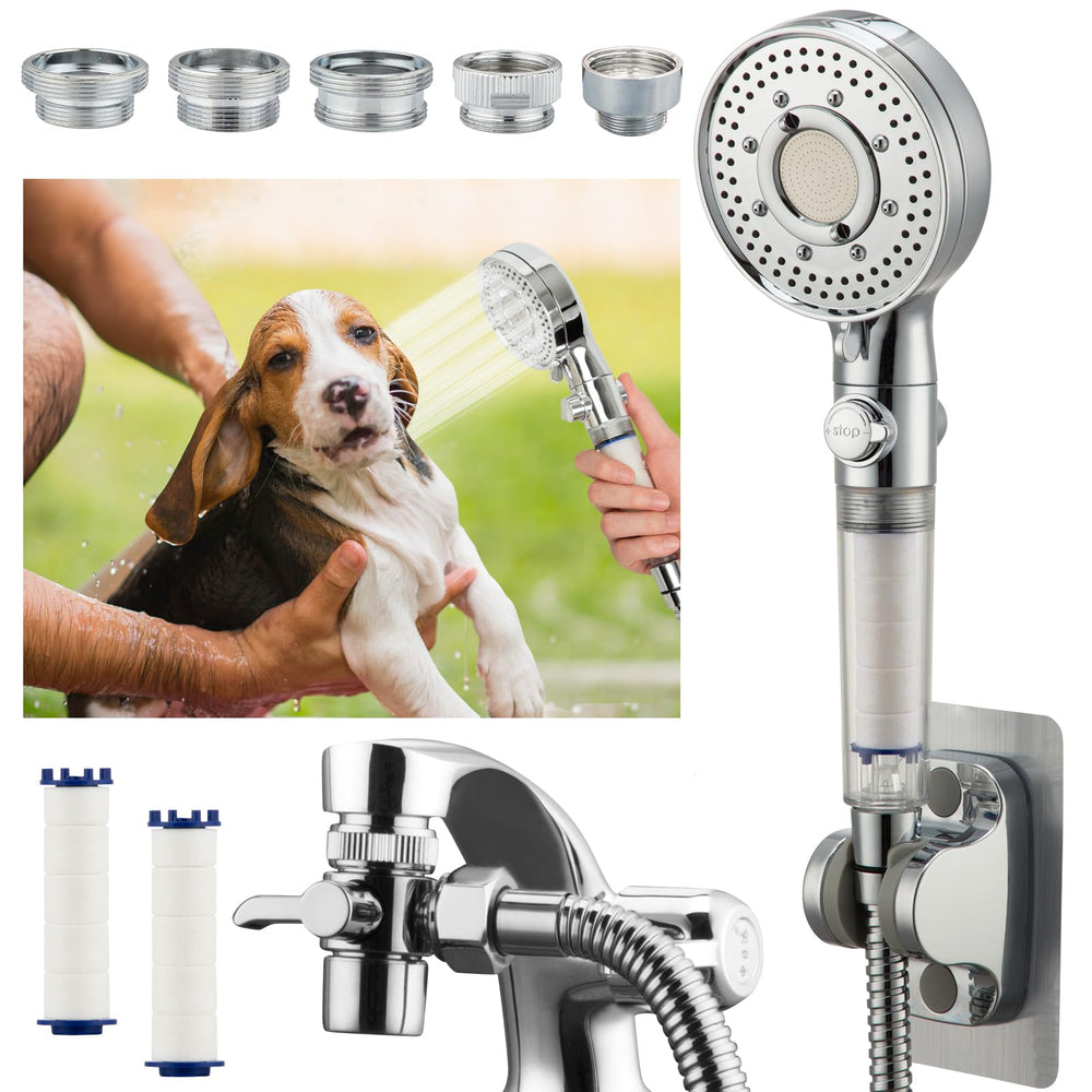 Klleyna filter dog shower attachment on tub spout enables smooth bath time.