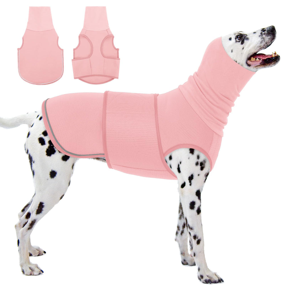 KOESON dog calming hoodie pink front view helps ease storm anxiety.