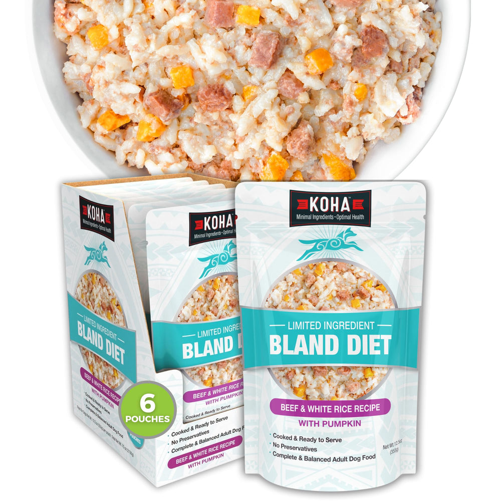 KOHA Bland Diet packaging highlights a vet-approved, gentle option for sensitive stomachs.