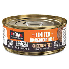 KOHA chicken pate cat bowl close-up — grain-free single-meat formula for sensitive stomachs.