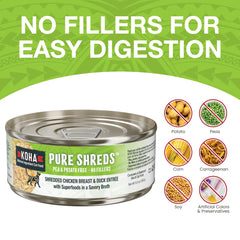 KOHA Pure Shreds savory broth image emphasizes low-fat, meat-forward nutrition