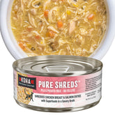KOHA Pure Shreds Chicken and Salmon Entrée in savory broth; appealing shredded texture for picky eaters.