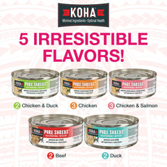 KOHA Pure Shreds duck cans highlighting moisture-rich meal for felines