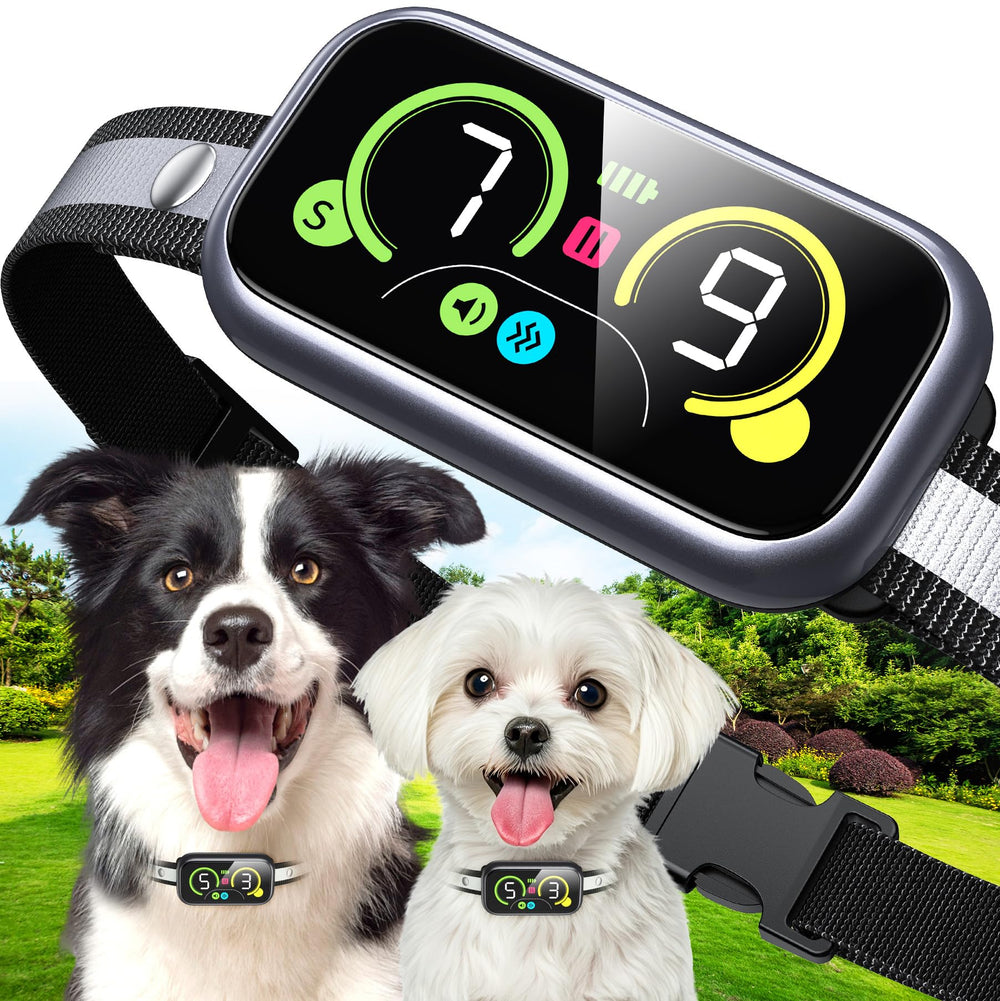 Kollgux dog bark collar front view highlighting 4 training modes for effective barking control.