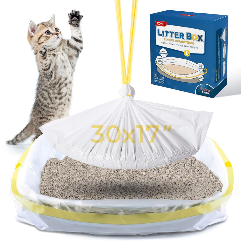 KONE cat litter box liner 30x17 drawstring for easy cleanup.