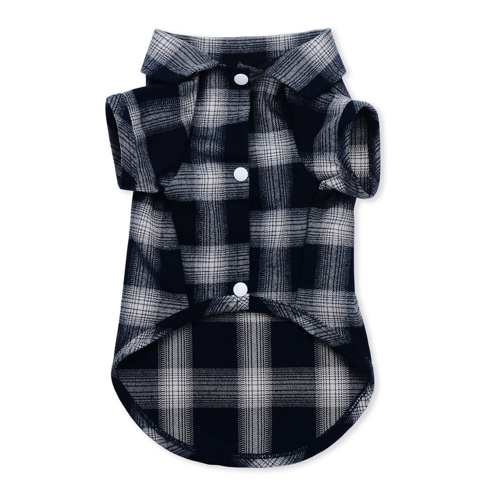 Koneseve dog shirt plaid blue front view keeps pets comfy during walks.