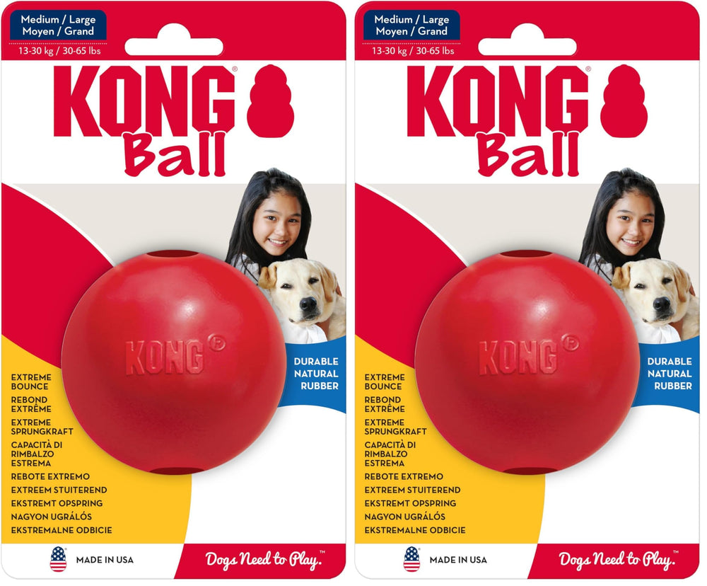 KONG Ball with Hole red fetch toy in grass for training and play.