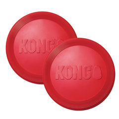 KONG Flyer red rubber disc in 2-pack for safe fetch at the park.