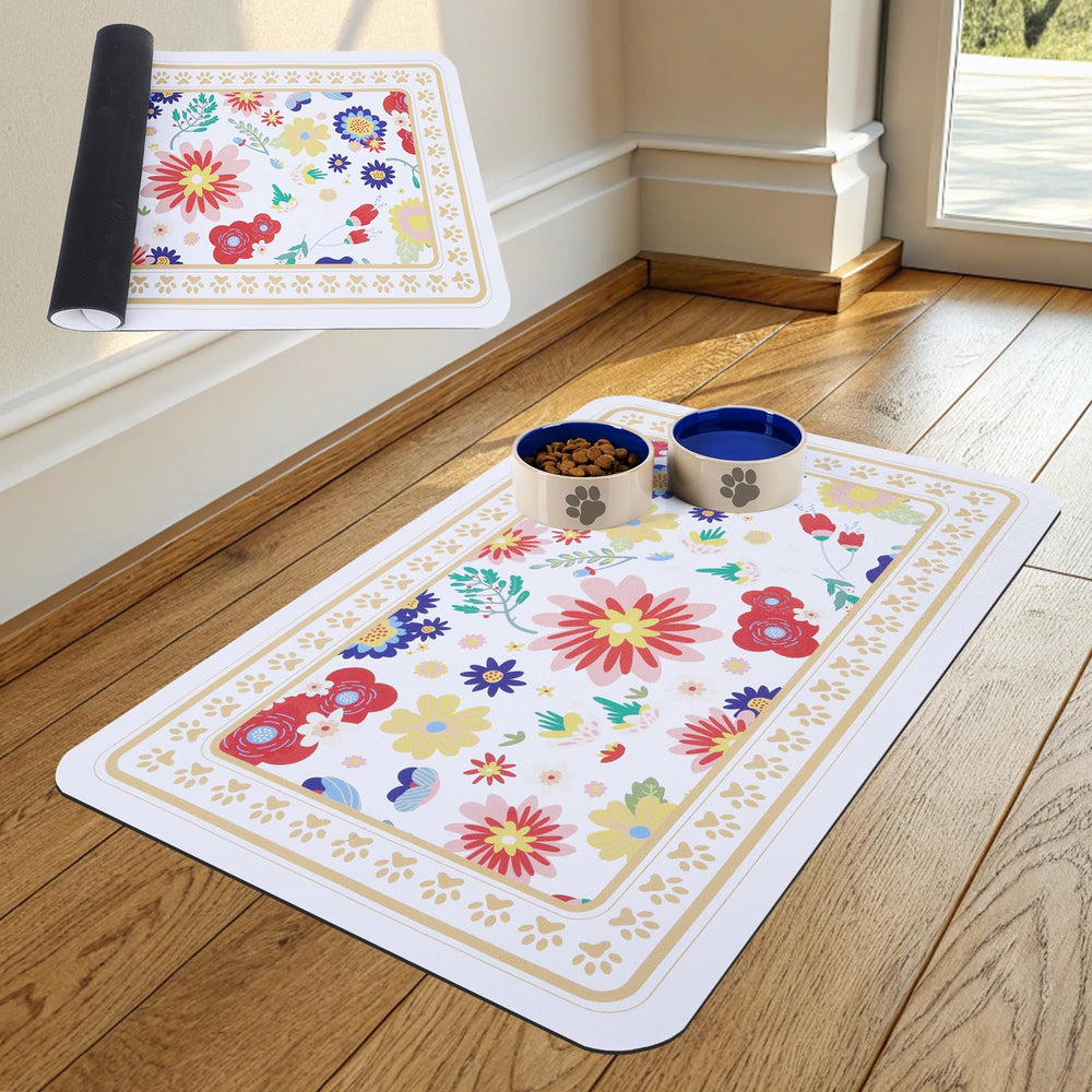 KOOLTAIL dog food mat with flower design helps prevent spills during meals