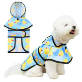 KOOLTAIL dog raincoat front view with hood and yellow duck print for rain.