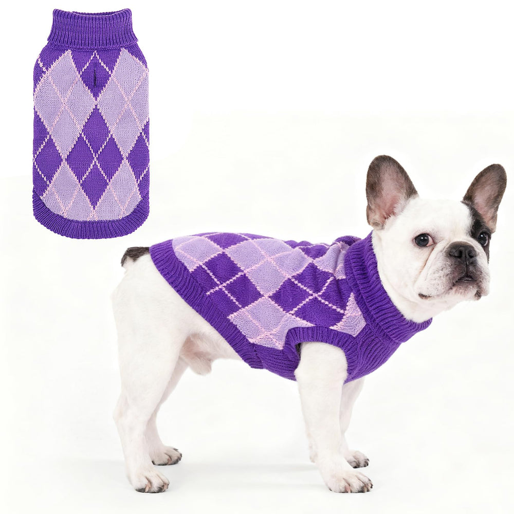 KOOLTAIL dog sweater front view showing cozy knit and purple color for cold weather warmth