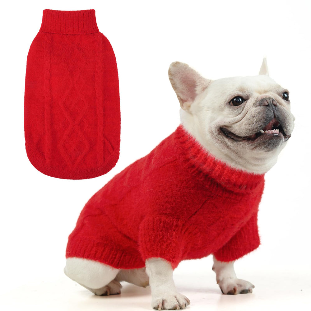 KOOLTAIL dog sweater red front view shows cozy warmth for cold weather outings.