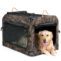 KOOPRO collapsible dog crate camouflage doors; easy entry and four-door ventilation.