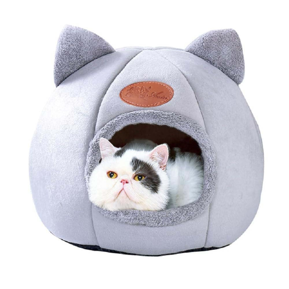 KooTeedd Cat Bed grey front view highlighting cozy cave design for indoor comfort