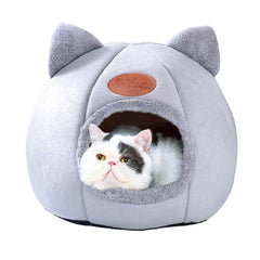 KooTeedd Cat Bed grey front view highlighting cozy cave design for indoor comfort