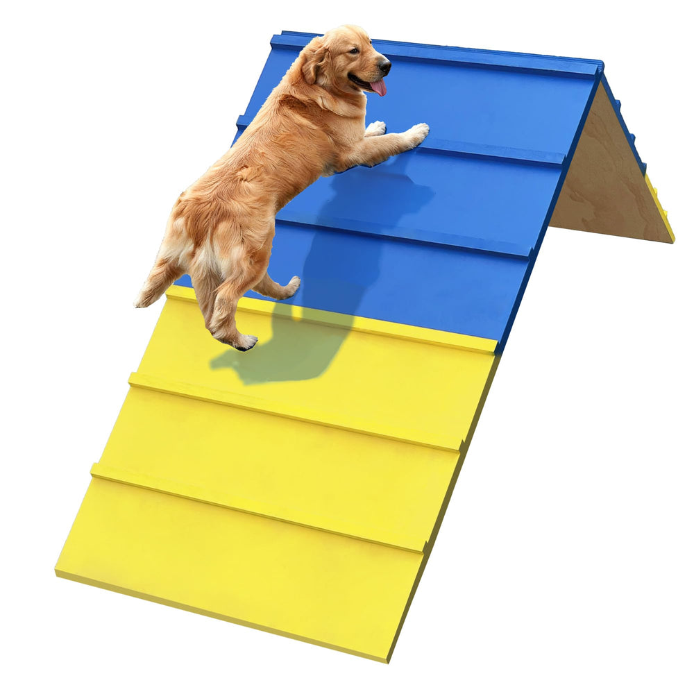 Koretech dog agility A-frame for large dogs setup shows sturdy wood construction for safe training.