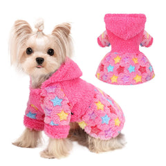 Kosiyi dog hoodie rose pink plush fleece close-up shows warm, soft comfort for small dogs