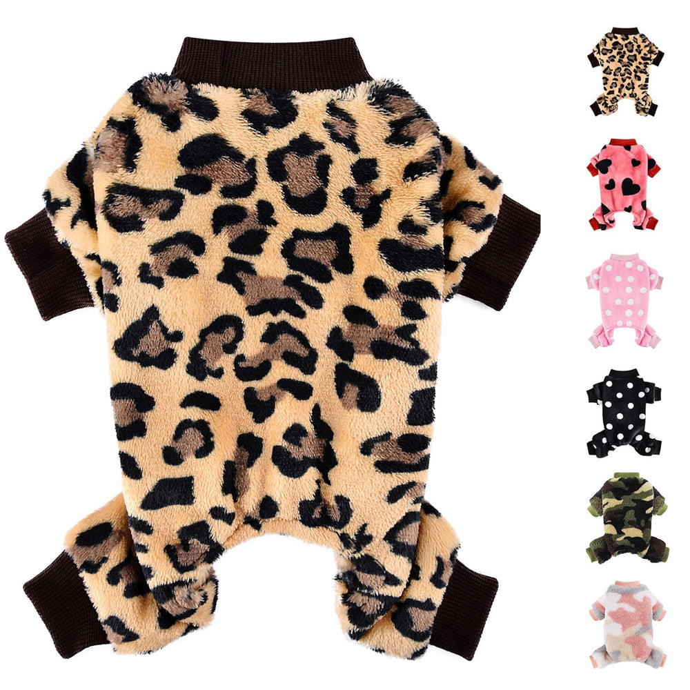 Kosiyi dog pajamas in leopard pattern keep small dogs warm and stylish.