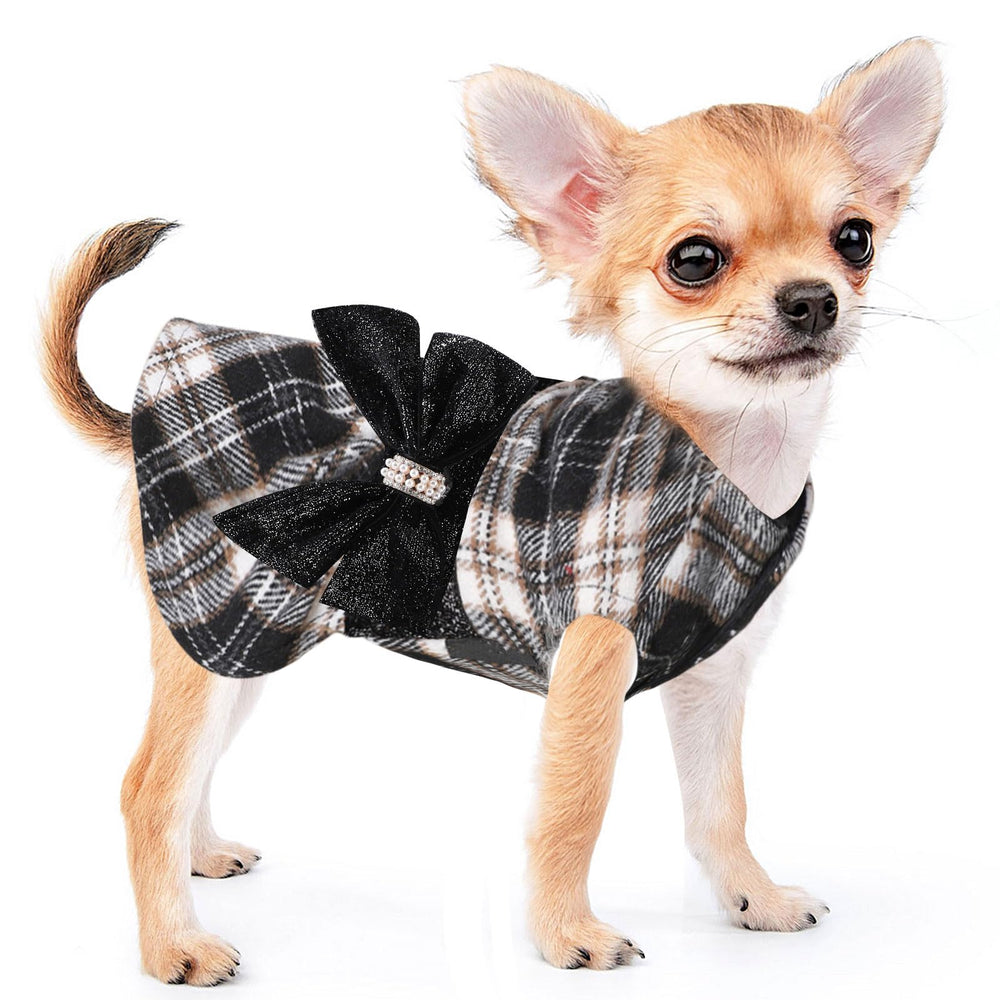 Kosiyi dog sweater dress Black Plaid front view for chic holiday photos and daily wear.