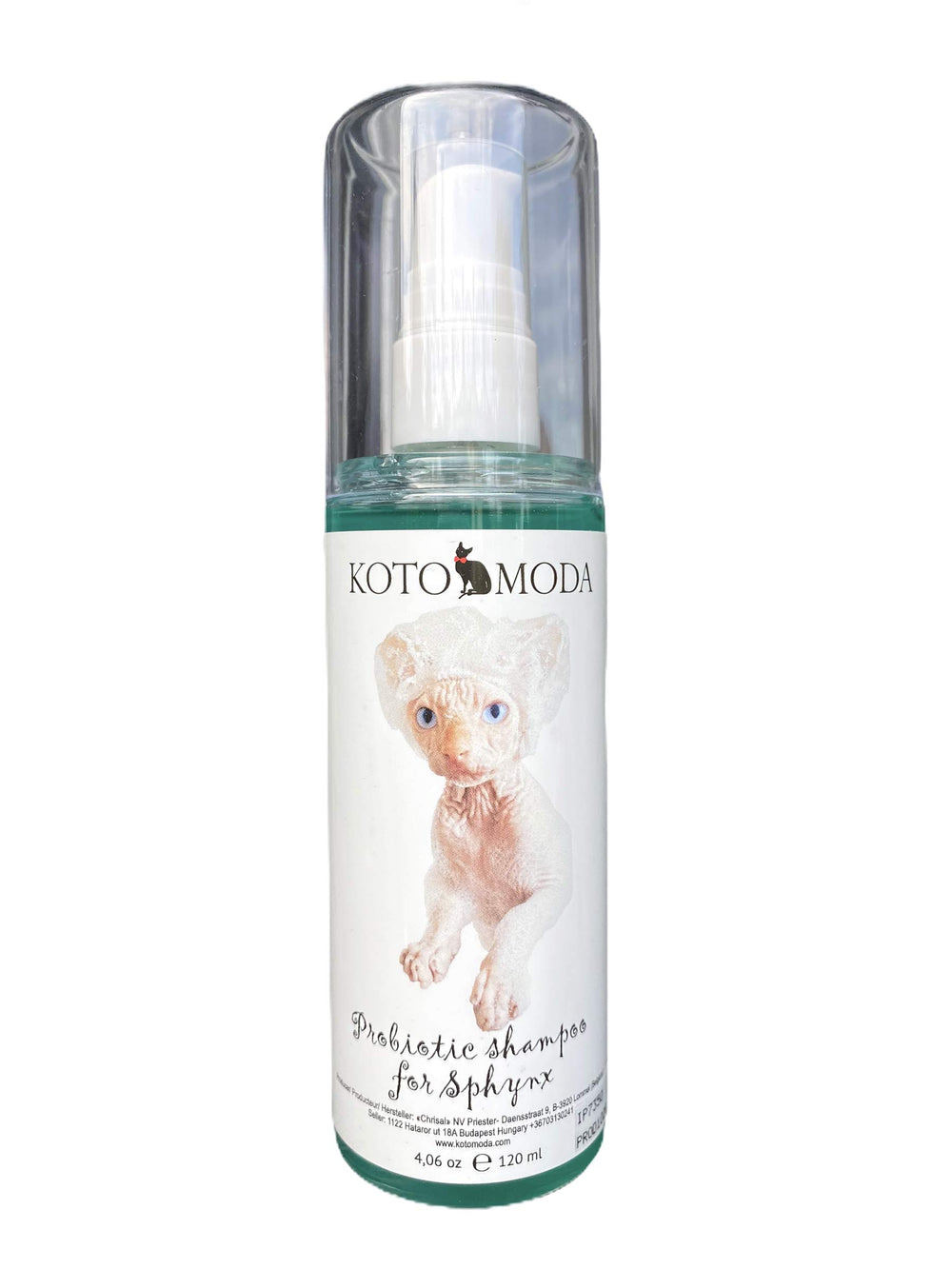 Kotomoda Probiotic Shampoo for Sphynx bottle demonstrates gentle cleansing for sensitive skin.