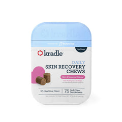 Kradle Skin Recovery Chews bottle label highlighting daily skin support for dogs.
