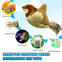 KreizyGo sparrow wings flap image highlighting motion-activated play for curious cats.