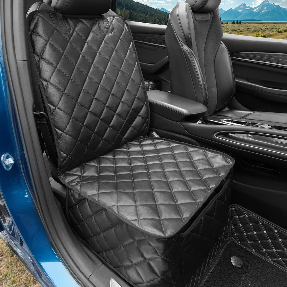 KritterKorner front-seat-cover-installation-buckle-straps enables quick secure fit.