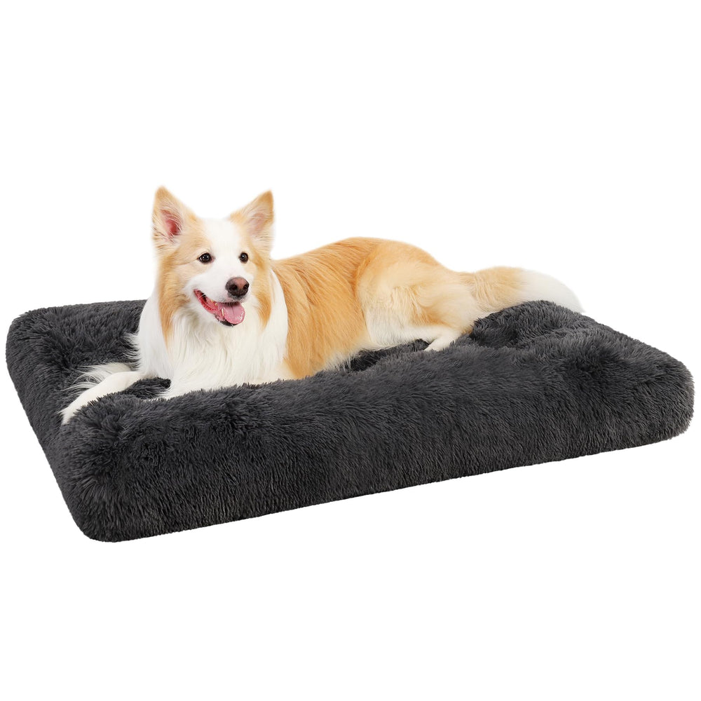 KSIIA dog crate bed dark gray fabric closeup, plush surface for calm naps.
