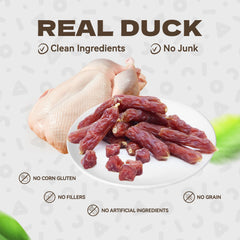 KUADELRO duck sausage treats closeup showing soft texture and chewability.