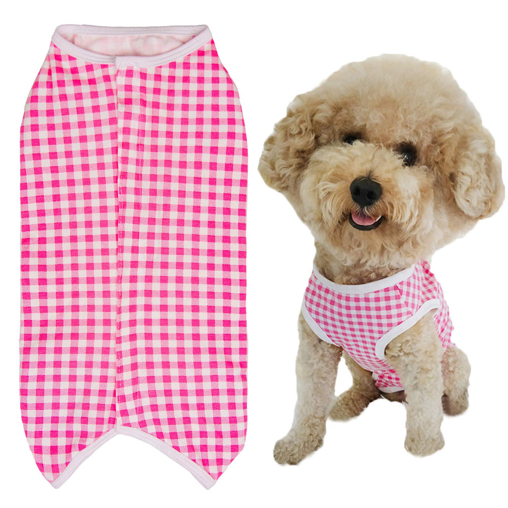 Kukaster Pet dog recovery suit front view in pink-white plaid for comfort and protection