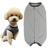 Kukaster Pet dog recovery suit gray front view offers post-surgery protection and comfort.