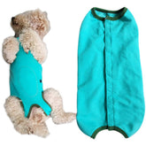 Kukaster Pet recovery suit on blue puppy, front view, protective post-surgery wear