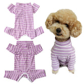 Kukaster Pet recovery suit front view purple-white stripe XL for gentle wound protection and comfort