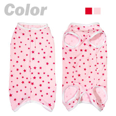 Kukaster Pet recovery suit Pink Stars diagonal-wear view highlights easy-to-use design.