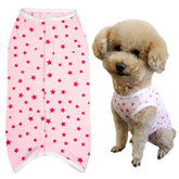 Front view of Kukaster Pet recovery suit protecting a dog's wound and aiding calm recovery.