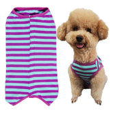 Kukaster Pet Recovery Suit front view in purple-blue stripe provides protective comfort for wounds