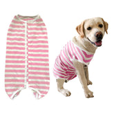 Kukaster Pet recovery suit pink stripe front view protects wounds and calms during recovery.