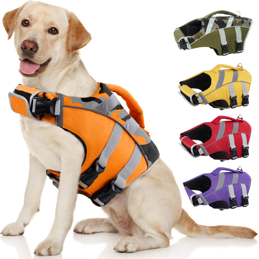 Kuoser dog life jacket orange-camo front view enhances daytime visibility for safer swims