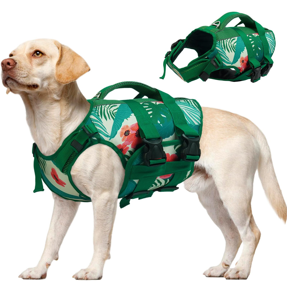 Kuoser dog life jacket XXL flotation foam provides buoyant swimming support.