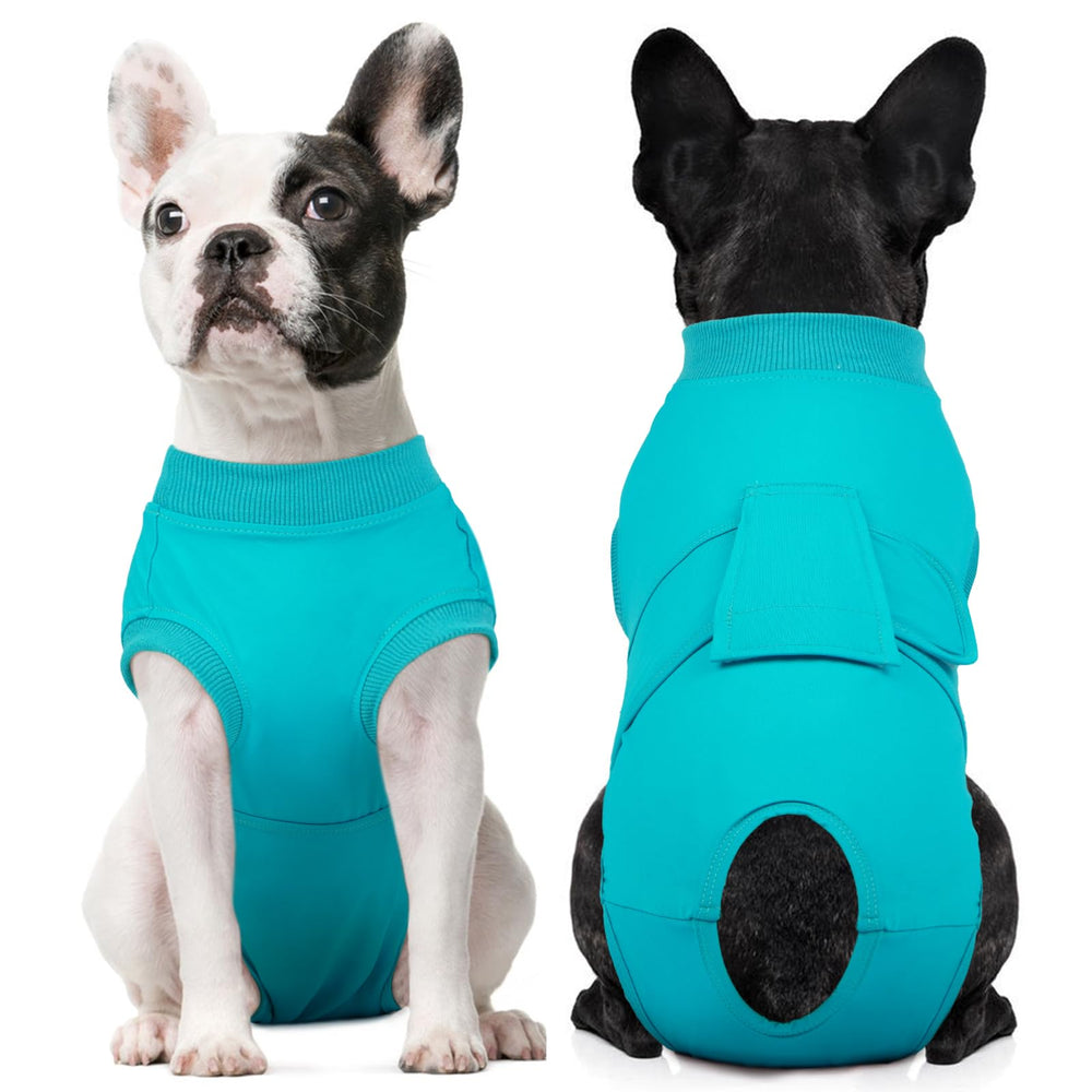 Kuoser dog recovery suit fabric close-up highlighting breathable comfort for post-surgery wear.