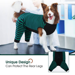 Kuoser dog recovery suit green pants cover in action after surgery.