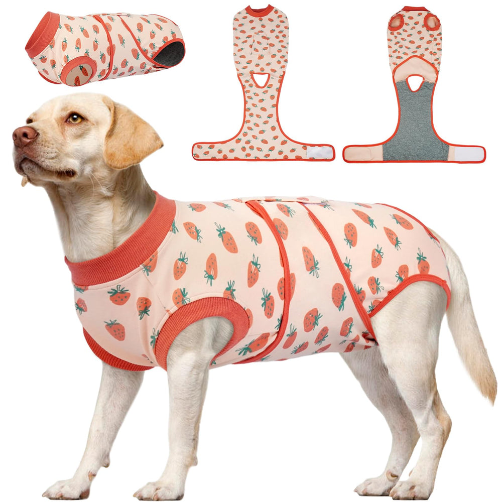 Kuoser dog recovery suit pink strawberry front view for comfortable post-surgery movement