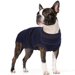 Kuoser dog surgery recovery suit front view in blue stripes; snug fit supports controlled healing.