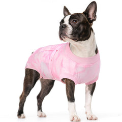 Kuoser dog surgery recovery suit front view shows pink tie-dye design for post-op comfort