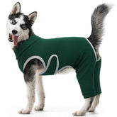 Kuoser dog surgery recovery suit worn by a dog showing full back-leg coverage and anti-licking protection.