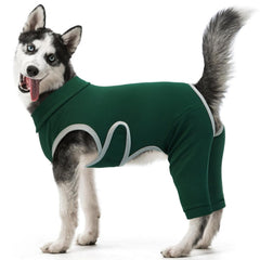 Kuoser dog surgery recovery suit worn by a dog showing full back-leg coverage and anti-licking protection.