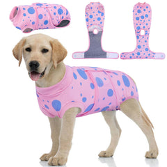 Kuoser dog surgery suit pink polka dots front view, comfortable post-op protection.