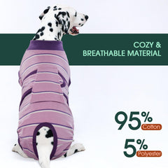 Kuoser dog surgery recovery suit purple strips fabric close-up shows breathable soft material.
