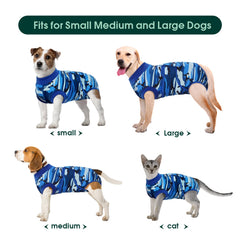 Kuoser recovery suit view shows cone-alternative design preventing licking.